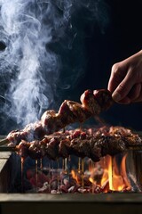 Fototapeta premium Charcoal-grilled lamb kebabs with backlit smoke