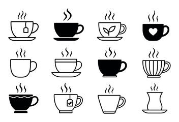 Obraz premium Coffee and tea cup icon set featuring various black and white line art designs of steaming mugs, teacups with saucers, and herbal tea symbols