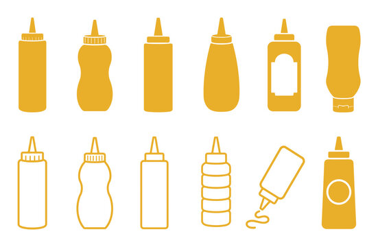 Mustard squeeze bottle icons and outline vectors representing various condiment containers for fast food, barbecue, and kitchen cooking illustration