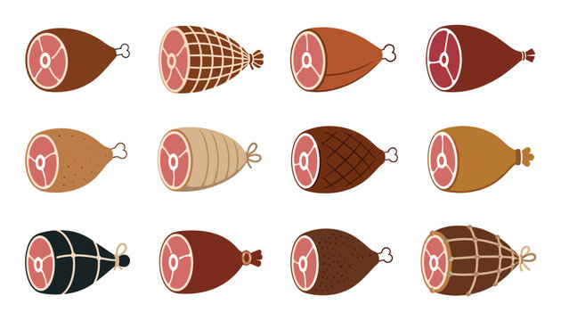 Smoked pork ham leg vector cartoon set of various meat cuts with bone and netting for butcher shop design