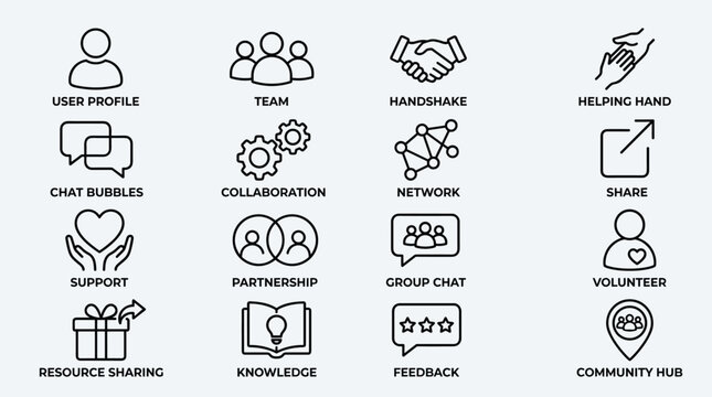 Community and social collaboration icons representing teamwork partnership support networking resource sharing and group communication for nonprofit organizations.