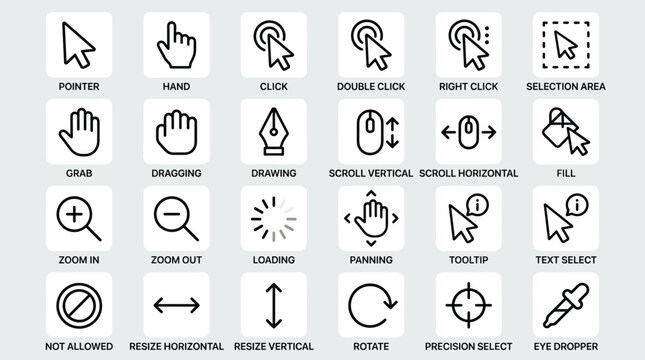 Computer mouse cursor icon set with pointer hand click double click right click selection area grab dragging drawing scroll zoom loading panning and tooltip sign.