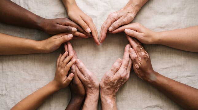 Diverse hands forming a heart shape together. Group of man woman and kid showing unity and support. Concept of inclusivity and community connection as a symbol of love and equality.