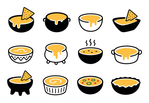 Nacho cheese dip and melted cheese sauce icons featuring bowls, pots, and tortilla chips in a minimalist graphic style