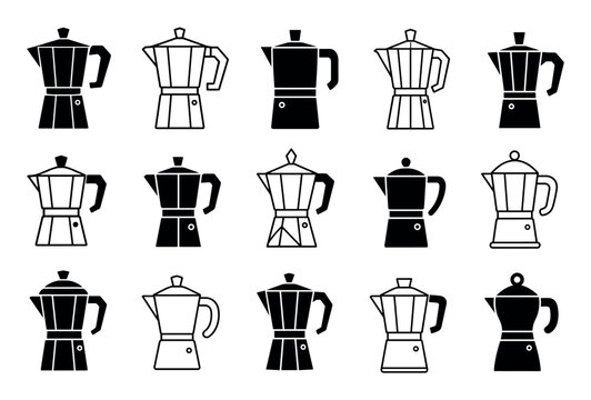 Moka pot coffee maker vector icon set featuring various designs of traditional Italian espresso brewers in black and white line art style