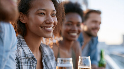 Obraz premium A group of attractive friends having a great time together at a bright rooftop summer party in daylight faces turned and cropped cheerful festive mood clear sky
