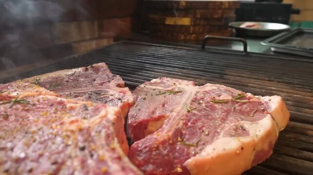 Cinematic slow-motion footage of premium thick-cut bone-in ribeye steaks grilling on a charcoal BBQ. The scene shows the meat sizzling with visible grill marks and rising smoke, highlighting the rich 