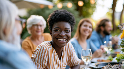 Obraz premium A big group of diverse attractive family and friends of all ages celebrating outside at a bright backyard barbecue gathered at a table having fun conversations faces