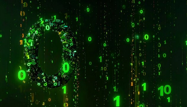 Abstract digital binary code with glowing green numbers.