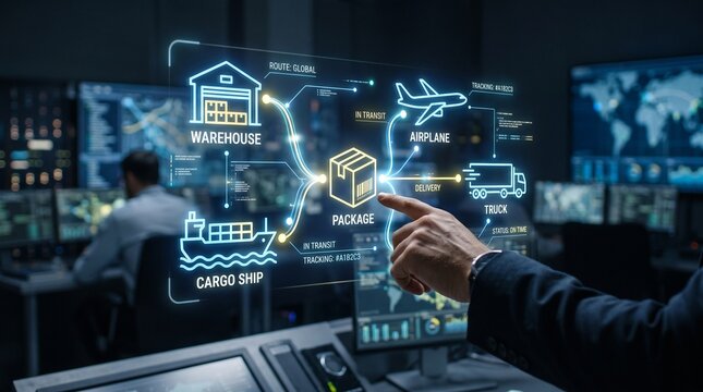 A person interacts with a futuristic logistics interface displaying various transportation icons in a high-tech office environment.