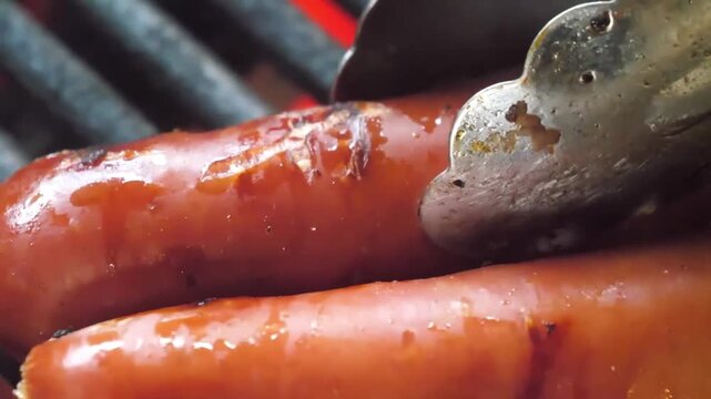 A detailed, slow-motion close-up showing delicious pork or beef sausages grilling on a metal grate with visible grill marks and rising heat, perfect for summer backyard BBQ, picnic, or food industry c