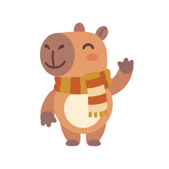 Obraz premium A cute and funny capybara mascot wearing a striped scarf and waving hello with a cheerful expression