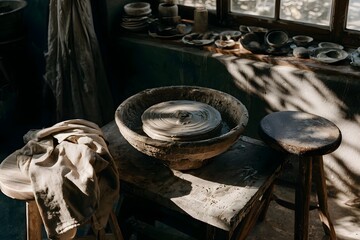 Sunlit pottery studio with spinning wheel, scene interrupted © Tharshan