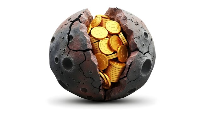 Cracked earth ball revealing gold coins. Treasure found in cracked ground. Wealth concept.