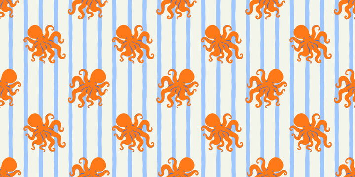 Octopus animal seamless pattern. Summer background drawing design. Beach vacation travel concept. Stripe hand drawn backdrop illustration.