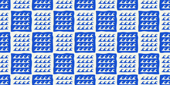 Abstract blue wave hand drawn seamless pattern. Beach water waves mosaic background design. Summer vacation surface print, sea travel wallpaper art.