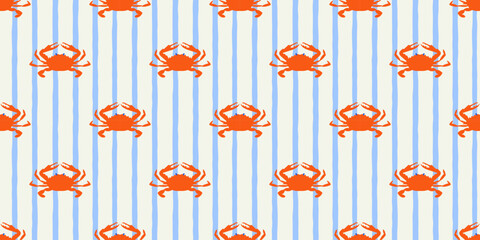 Vintage crab seamless pattern. Italian sea food background illustration in hand drawn style. Retro mediterranean beach surface print design, summer vacation texture. © Dedraw Studio