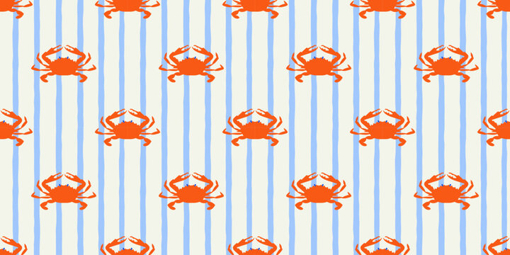 Vintage crab seamless pattern. Italian sea food background illustration in hand drawn style. Retro mediterranean beach surface print design, summer vacation texture.