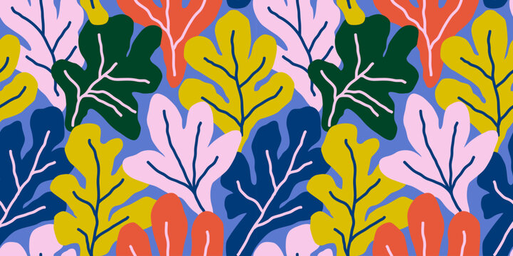 Abstract plant leaf art seamless pattern with colorful freehand doodle collage. Organic leaves cartoon background, simple nature shapes in vintage pastel colors. 