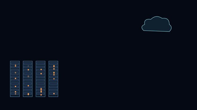 Cloud computing data transfer animation: server rack network connection to digital cloud storage system 4k