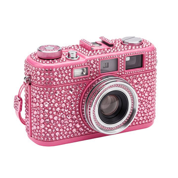 Bedazzled Pink Digital Camera PNG Isolated on Transparent Background with Rhinestones for Photography, Y2K Fashion and Glamorous Designs