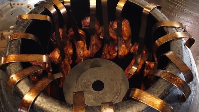 A top-down view showing various cuts of meat hanging on traditional metal hooks inside a large, soot-stained clay tandoor oven. The image captures the authentic process of tandoori-style barbecue, whe