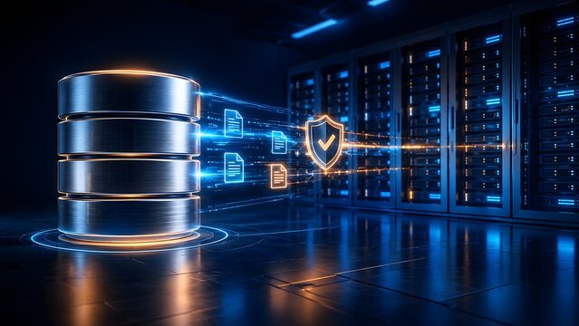 Secure server base cylinder connected to database racks with glowing shield checkmark and document icons representing safe cloud storage