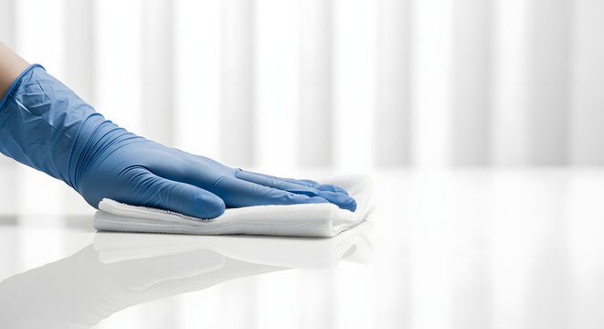 Hand in blue glove wiping white surface with cloth for hygiene