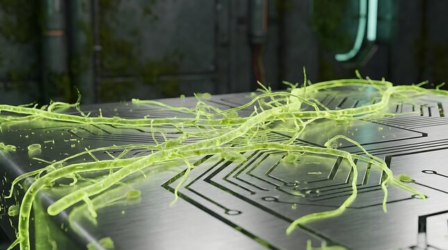 Bioluminescent Green Algae on Polished Titanium Plate