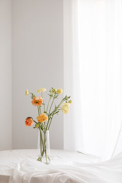 Ranunculus and poppy bouquet in glass vase white background
