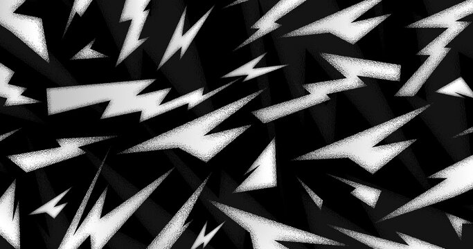 Dark abstract background with white jagged lightning pattern. High-contrast stippled zigzag texture for dark mode UI, esports overlays, aggressive sports graphics, and edgy streetwear apparel