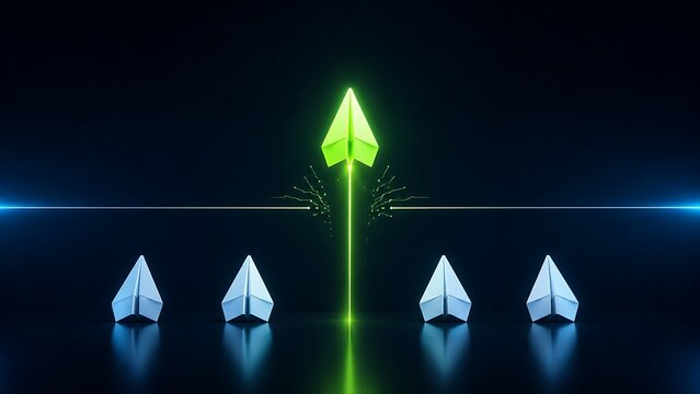 Green glowing paper airplane rising vertically breaking a horizontal line concept of leadership breakthrough and overcoming business challenges