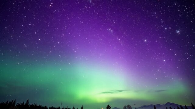 Aurora borealis illuminates the night sky with vibrant green and purple hues over a forested landscape under a star-filled sky