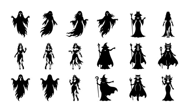 Spooky Halloween witch silhouettes and ghost icons, 18 dark fantasy female character vectors, gothic sorceress and phantom spirit set