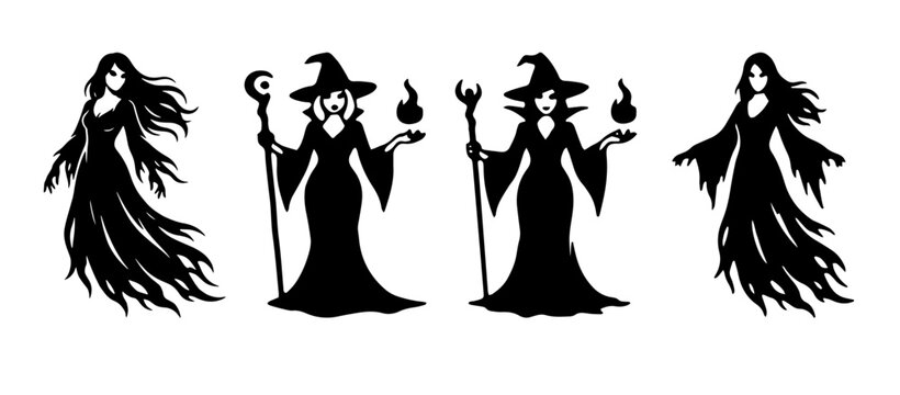 Gothic witch silhouette vector set, spooky sorceress and dark priestess characters, mystical female wizard icons with magic staff and fire