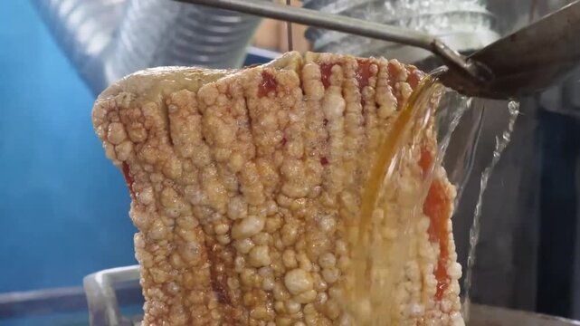 A succulent piece of roasted pork belly featuring perfectly crispy, golden-brown crackling skin. The footage showcases the crunchy texture and juicy interior of the meat, prepared in a traditional Asi