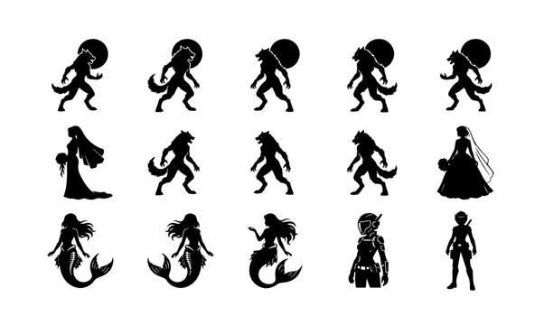 Fantasy character silhouettes collection, werewolf and mermaid vector icons, mythical creature set with bride and warrior figures for gaming