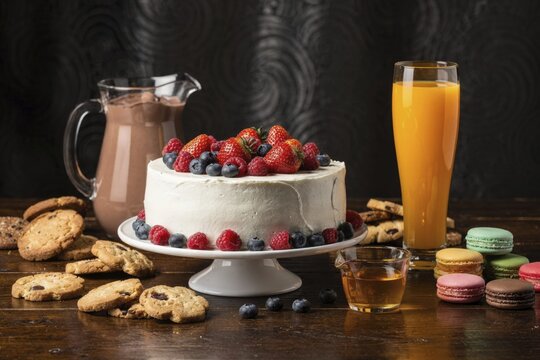 A beautifully presented dessert spread featuring a white cake adorned with strawberries and blueberries, surrounded by cookies, colorful macarons, chocolate milk, and orange juice, AI generated