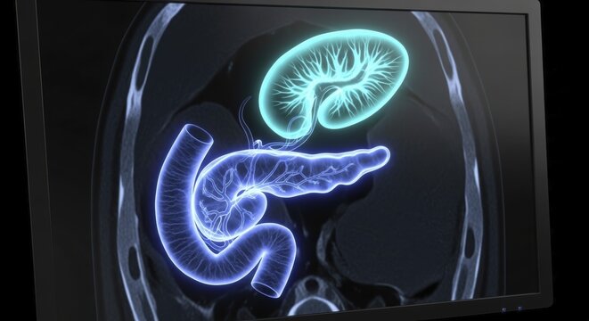 Detailed volumetric rendering of the human pancreas and spleen visualized on a medical imaging display, AI generated