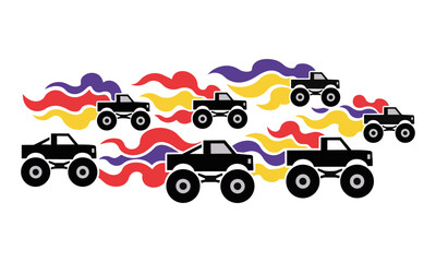 Naklejka premium Stylized monster truck silhouettes racing with vibrant red yellow and purple smoke trails on a white background for a speed and competition concept