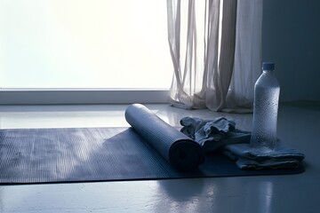 Home yoga space with rolled mat on pale concrete floor © Tharshan