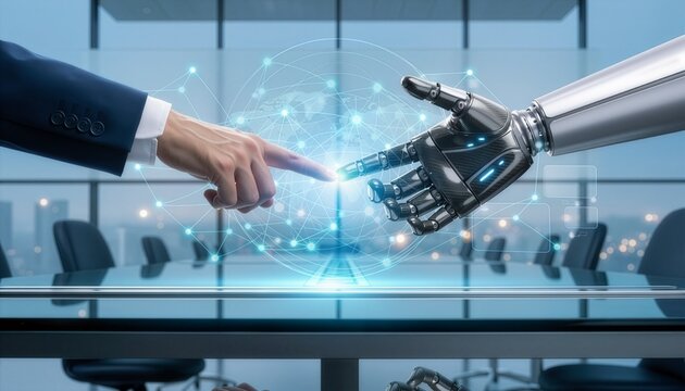 A human finger meets a sleek robotic arm across an illuminated digital interface within a modern boardroom.