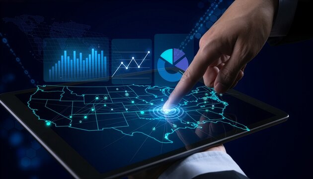 A person utilizes a touchscreen tablet analyzing colored analytical charts superimposed over a glowing United States outline.