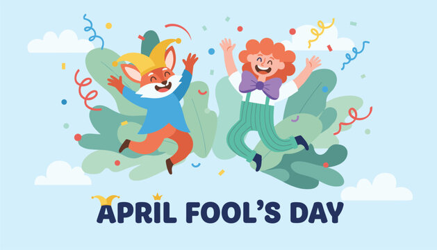 Joyful April Fool's Day banner showing a cute fox in a jester hat and a boy jumping happily in a shower of confetti.
