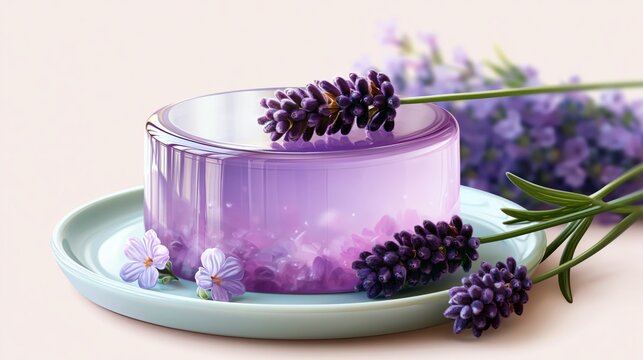 Transparent lavender jelly cake with fresh lavender blossoms on a minimal pastel background