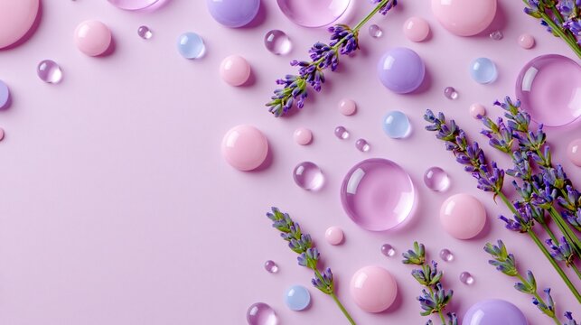 Lavender flowers with glossy pastel droplets on a soft lilac background with copy space