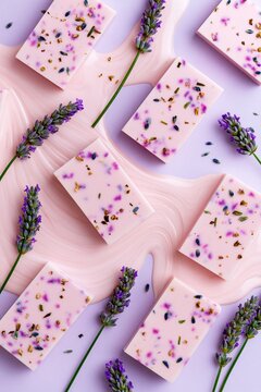 Handmade lavender soap bars arranged in a flat lay composition with fresh lavender flowers