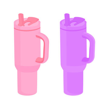 Set of Pink and Purple Insulated Travel Tumblers with Handle and Straw Lid for Hot and Cold Beverages