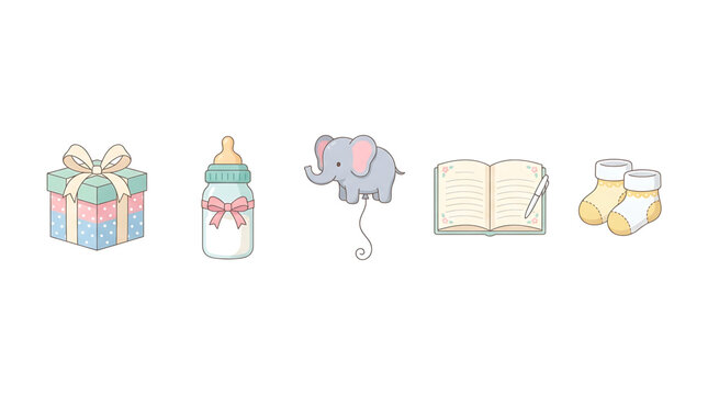 Set of cute baby shower icons featuring a gift box feeding bottle elephant balloon open journal and tiny socks for newborn celebration design elements