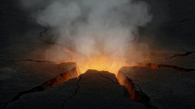 Lava Glowing in Cracked Earth Fissures with Rising Smoke